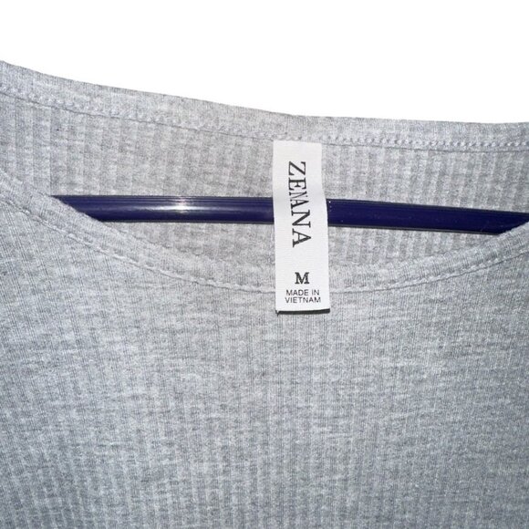 Women's Gray Zenana Crew Neck Ribbed Cuffed Short Sleeve Shirt Size Medium - Picture 2 of 2
